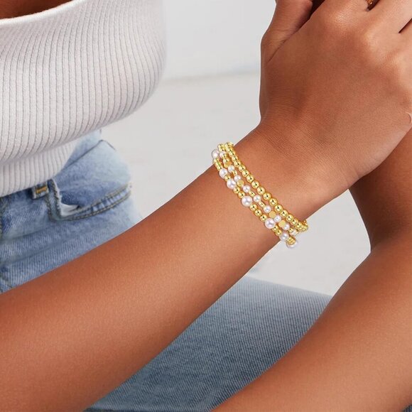 Gold Bead Bracelets Set 10PCS Elastic Stackable Pearl Jewelry for Women - Picture 4 of 7